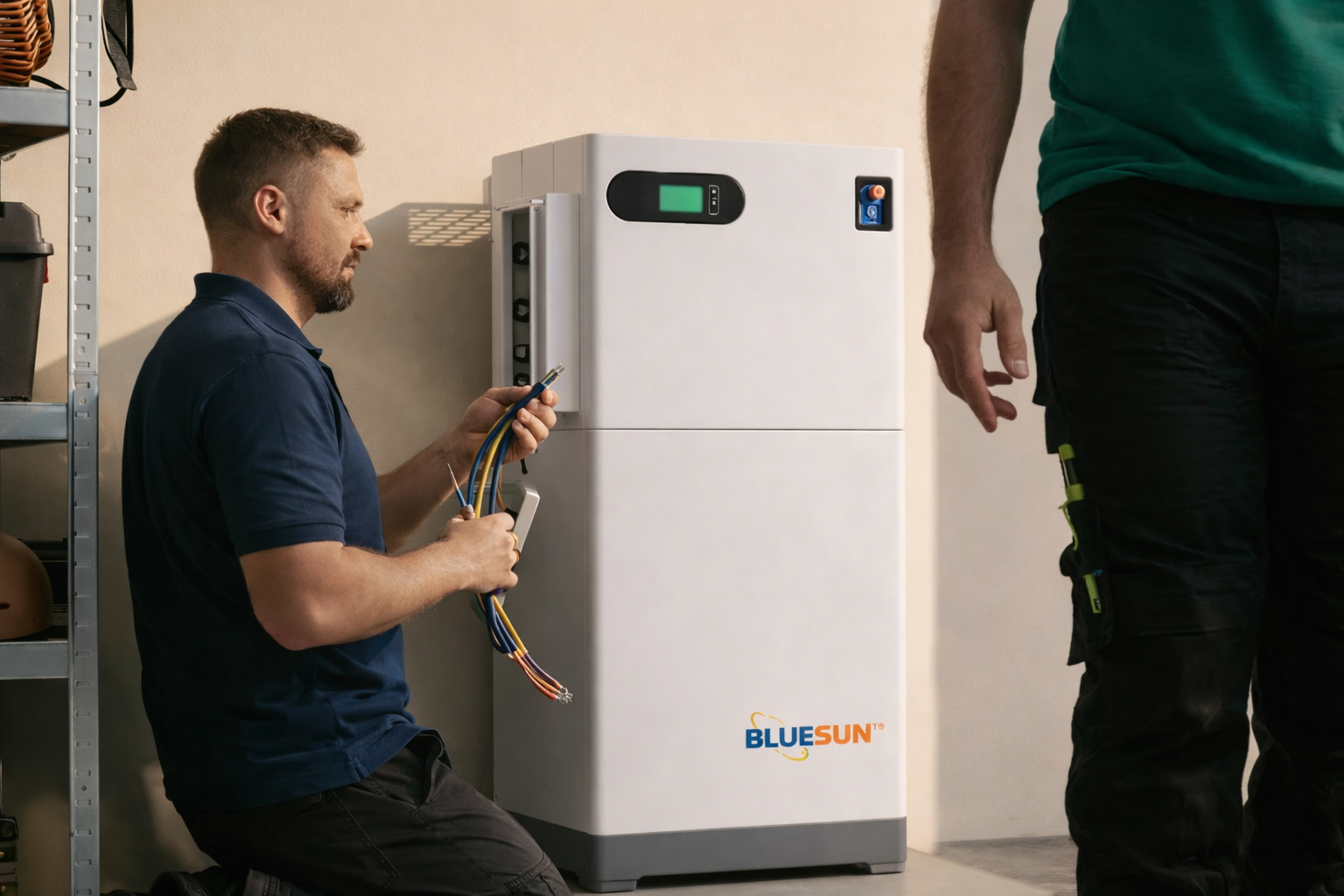 Monteur installeert Bluesun thuisbatterij
